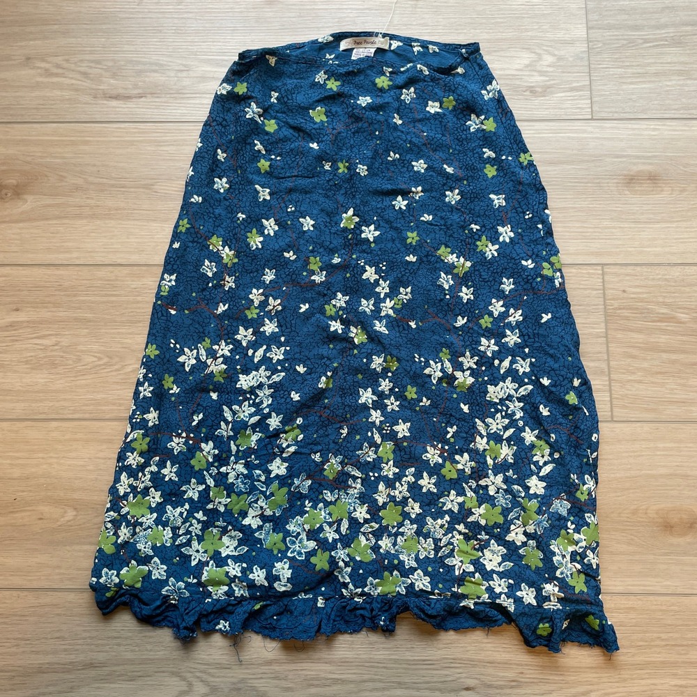 Free People Blue Floral Rayon Midi Skirt Ruffle Hem Size S Boho 235